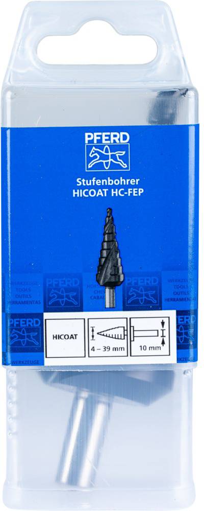 Verpackung mit Stufenbohrer 'HICOAT HC-FEP', geeignet für Bohrungen von 4 bis 39 mm, 10 mm Schaft. Enthält Produktbild und Logos.