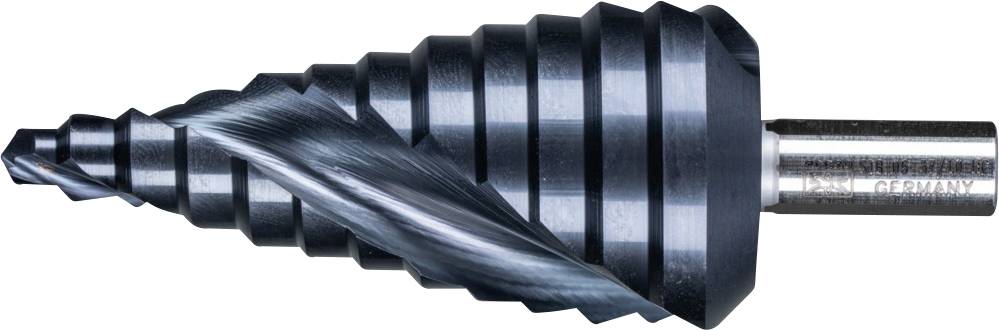 Stufenbohrer aus Metall, konische Form mit spiralförmigen Schneidkanten, verwendet zum Bohren von gestuften Löchern in Metall.