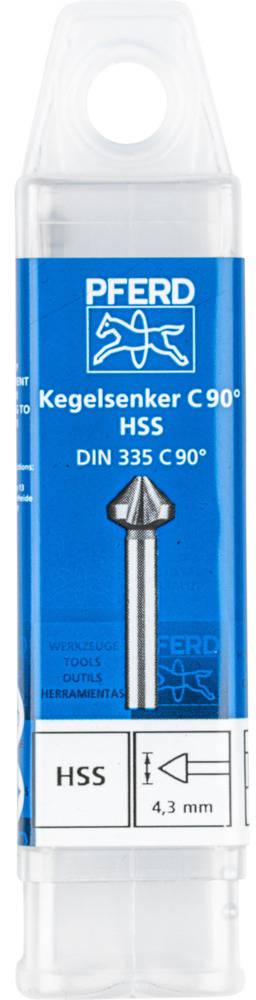 Verpackung eines Kegelsenkers der Marke Pferd, Modell C 90°, HSS, DIN 335 C 90°. Markierung zeigt Größe 4,3 mm.