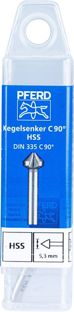 Verpackung eines Kegelsenkers von PFERD, Typ HSS, Neigungswinkel 90 Grad, Norm DIN 335 C, Durchmesser 5,3 mm.