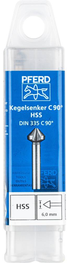 Blauer Etikett auf Kunststoffverpackung eines Kegelsenkers, Marke 'PFERD', HSS, Durchmesser 6,0 mm, DIN 335 C 90°.