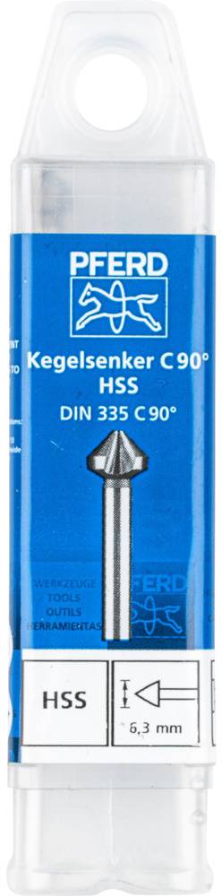 'PFERD Kegelsenker C90° HSS DIN 335 C90°', abgebildet mit blauem Etikett und einem Kegelsenker.
