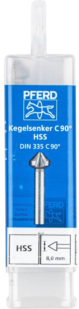 'PFERD Kegelsenker C 90°, HSS, DIN 335 C 90°, 8,0 mm.' Verpackung eines Kegelsenkers mit Produktinformationen und Logo.