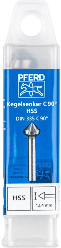 Verpackung eines Kegelsenkers C 90° HSS, Marke 'PFERD', 12,4 mm Durchmesser, DIN 335 C 90°, für Metallbearbeitung.