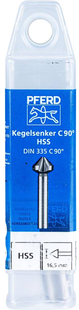 Verpackung eines Kegelsenkers von 'PFERD', HSS, DIN 335 C 90°, geeignet für Metall.