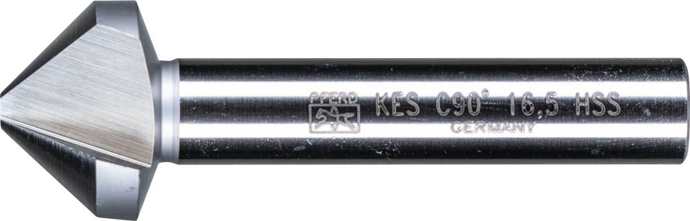 Ein Kegelsenker aus glänzendem Metall mit der Aufschrift 'K-S C90° 16,5 HSS', hergestellt in Deutschland, geeignet für Präzisionsbearbeitung.