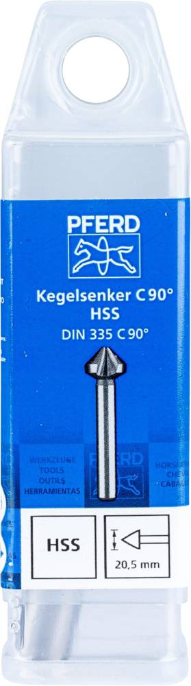 Blauer Kunststoffbehälter mit Etikett für Kegelsenker C 90°, HSS, DIN 335 C 90° und Abbildung des Werkzeugs. Größe: 20,5 mm.