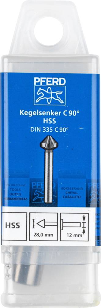 Verpackung eines Kegelsenkers der Marke 'Pferd', Modell C90°, aus HSS, nach DIN 335 C 90°, mit 28 mm Durchmesser und 12 mm Schaft.