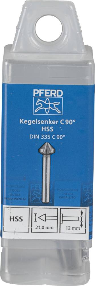 Verpackung eines Kegelsenkers mit 90° Winkel aus Hochgeschwindigkeitsstahl (HSS), Marke PFERD, DIN 335 C 90°, Maße: Ø 21 mm, 12 mm.