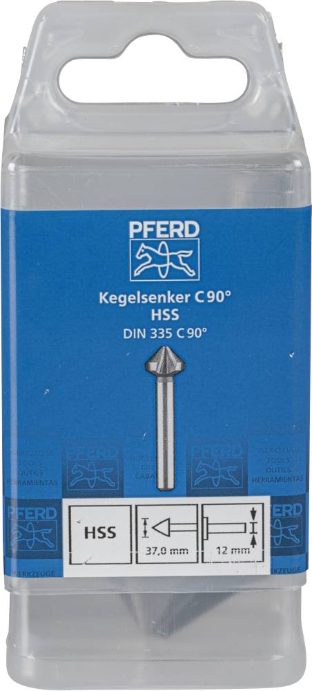 Verpackung eines Kegelsenkers, Marke 'PFERD', mit 90° Winkel. Aufschrift: 'HSS DIN 335 C 90°'. Maße: 37,0 mm Durchmesser, 12 mm Stärke.