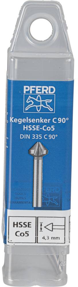 Kegelsenker mit Verpackung; Aufschrift: 'PFERD Kegelsenker C 90° HSSE-Co5, DIN 335 C 90°, HSS Co5, 4,3 mm'.