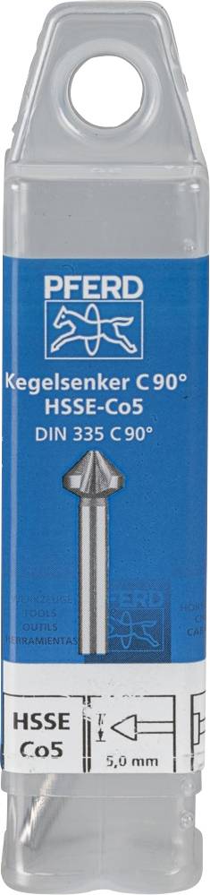 Kunststoffverpackung mit Etikett 'Kegelsenker C 90°, HSSE-Co5, DIN 335 C 90°'. Enthält einen metallenen Kegelsenker.