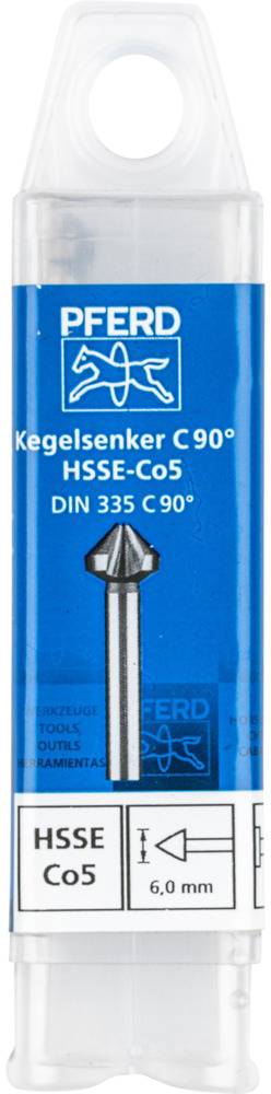 Kegelsenker von Pferd, HSSE-Co5, C 90°, DIN 335, Durchmesser 6,0 mm, abgebildet in transparentem Kunststoffetui mit Etikett.