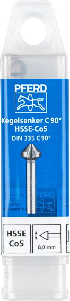 Verpackung eines PFERD Kegelsenkers. Aufschrift: 'Kegelsenker C 90°, HSSE-Co5, DIN 335 C 90°', Durchmesser 8,0 mm.