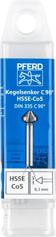 Verpackung eines Kegelsenkers, Marke 'Pferd', Kegelsenkung C 90°, HSSE-Co5, DIN 335 C 90°, Durchmesser 8,3 mm.