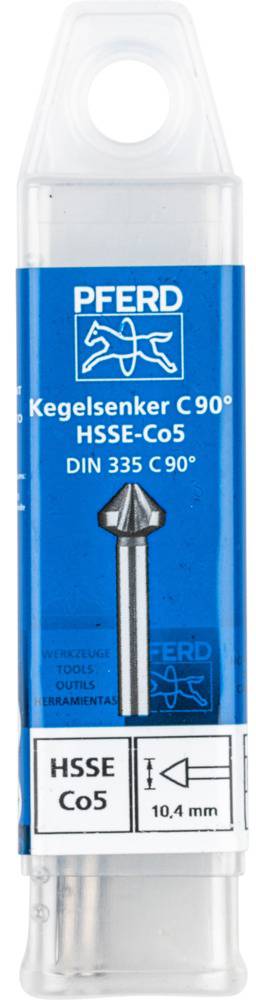 'Kegelsenker C 90° HSS-E Co5 DIN 335 C 90°, 10,4 mm' Verpackung von der Marke PFERD, enthält ein kegelförmiges Werkzeug.