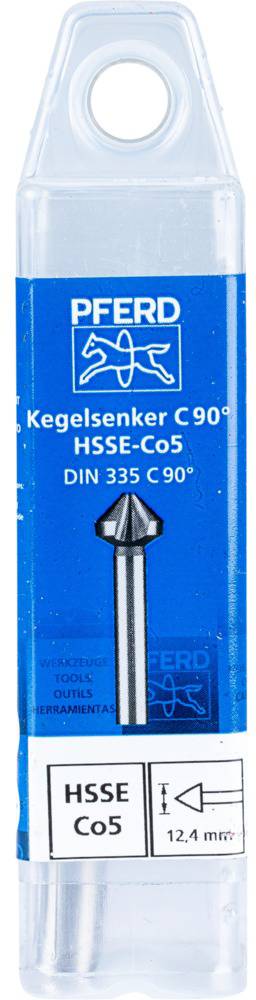 Blauer Kunststoffbehälter mit der Aufschrift 'Kegelsenker C 90° HSSE-Co5 DIN 335 C 90°', zeigt ein Metallwerkzeug zum Senken.