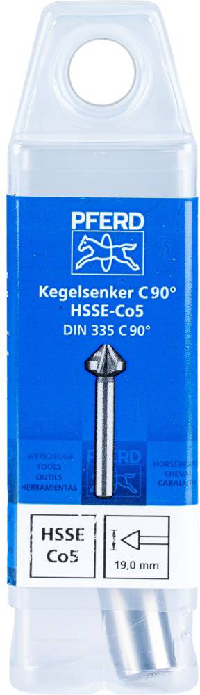 Blauer Verpackung mit silbernem Kegelsenker, Aufschrift 'PFERD', Kegelsenker C 90° HSS-E Co5 DIN 335 C 90°, 19,0 mm.