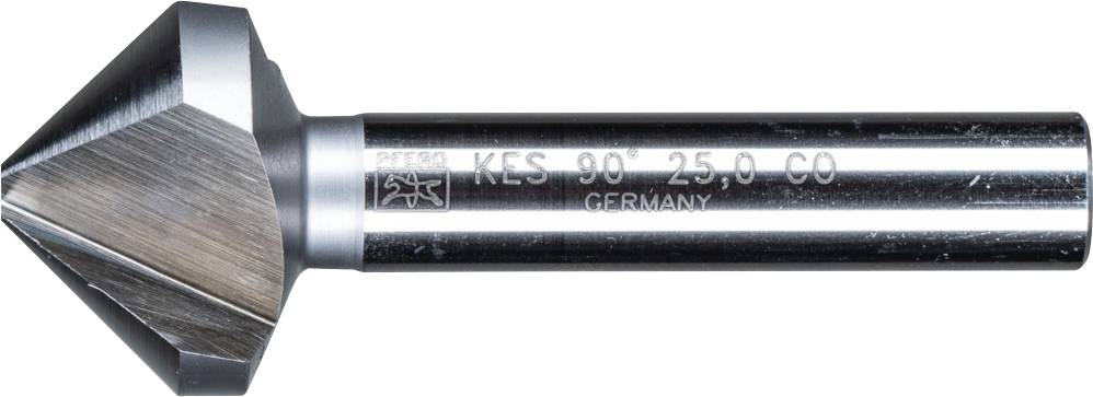 Ein Kegelsenker aus Metall mit dem Aufdruck 'KES 90° 25,0 CO GERMANY'. Dient zur Bearbeitung und Entgraten von Löchern in Werkstücken.