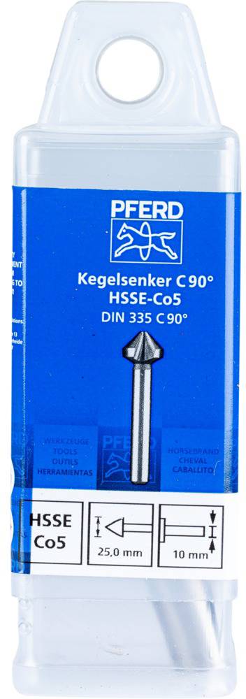 Verpackung eines Kegelsenkers von PFERD, Modell C90° HSSE-Co5 nach DIN 335, Durchmesser 25 mm.
