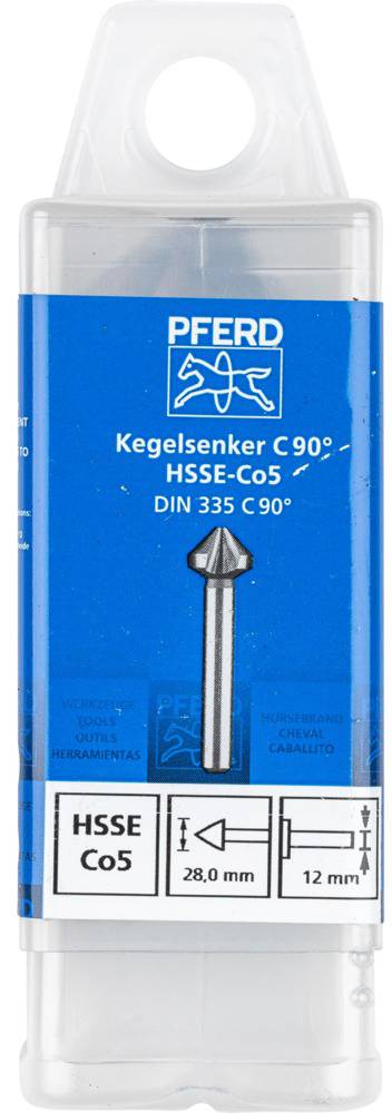 Verpackung eines 'Kegelsenkers C90°', Marke 'PFERD', gefertigt aus HSSE-Co5. Maße: Schaftdurchmesser 12 mm, Senkerdurchmesser 28 mm.