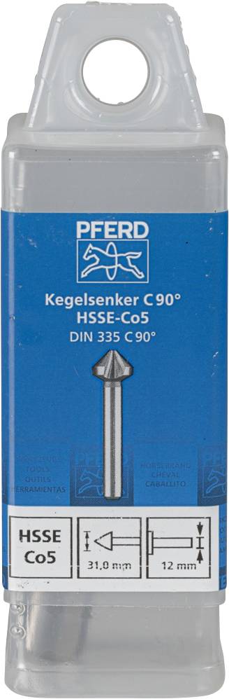 Verpackung eines Kegelsenkers von PFERD, Typ HSSE-Co5, Norm DIN 335 C 90°. Durchmesser 31 mm, Schaftlänge 12 mm.