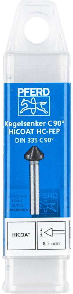 Verpackung eines Kegelsenkers mit 90° Spitze der Marke 'PFERD', Modell HICOAT HC-FEP, DIN 335. Die Größe beträgt 8,3 mm.