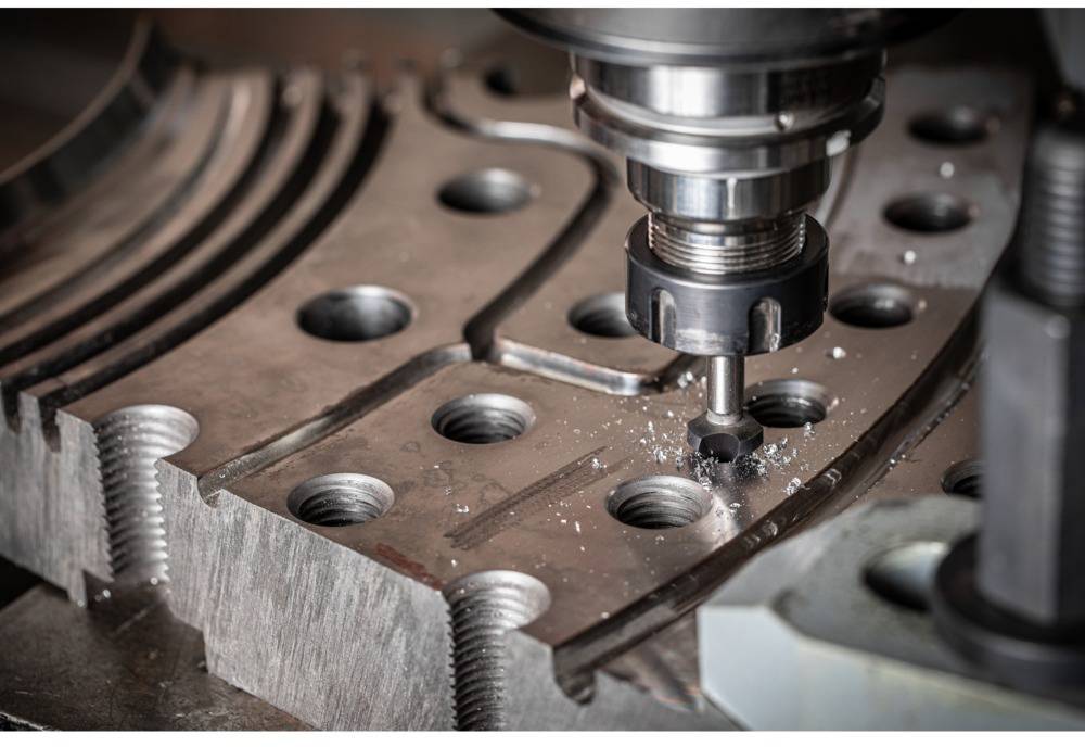 Fräsmaschine bearbeitet ein Metallstück mit präzisen Löchern. Metalspäne sind sichtbar. Fokus auf Präzisionsmechanik und Industriearbeit.