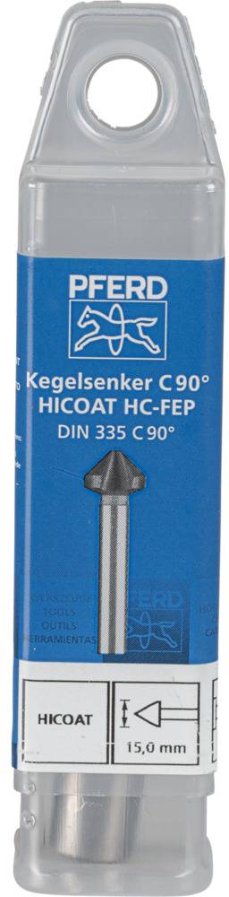 Verpackung einer Kegelsenker-Düse von 'PFERD', HICOAT HC-FEP, C 90° nach DIN 335, Durchmesser 15,0 mm.