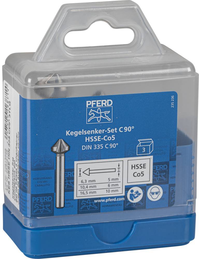 'Kegelsenker-Set C90° HSSE-Co5' von PFERD, enthält drei Bohrer unterschiedlicher Größe, verpackt in einer blauen Kunststoffbox.