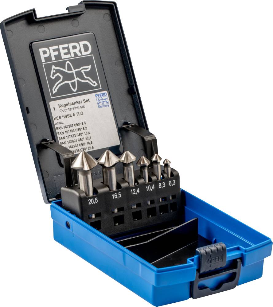 Kegelentgrater-Set in blauer Kunststoffbox. Sechs Kegelentgrater in verschiedenen Größen, nummeriert von 6,3 bis 20,5.