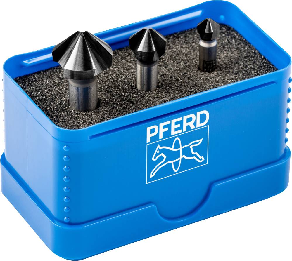 Dreiteiliges Entgratsatz in blauer Box mit 'PFERD'-Logo. Enthält unterschiedliche Kegelsenkwerkzeuge für Metallbearbeitung.