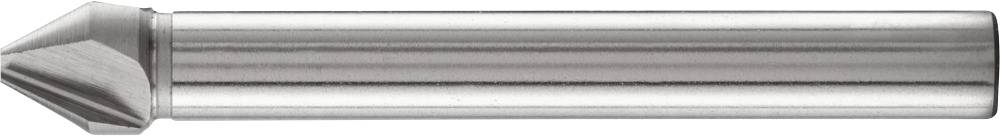 Ein silberner Kegelsenker aus Metall, zylindrisch mit abgeschrägter Spitze, zur Bearbeitung von Bohrungen.