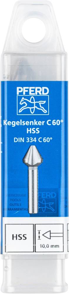 Verpackung mit einem Kegelsenker C 60° von PFERD aus HSS, geeignet für 10,0 mm Bohrungen, nach DIN 334 Norm.