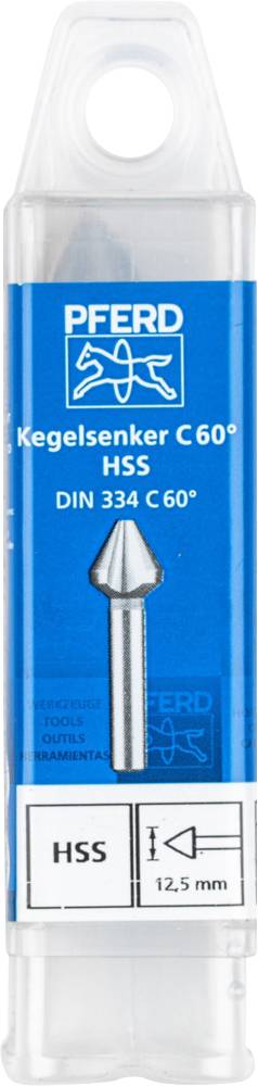'PFERD Kegelsenker C 60° HSS DIN 334 C 60°', Verpackung mit Abbildung eines Kegelsenkers. 'Hss', '12,5 mm' in Etikett.