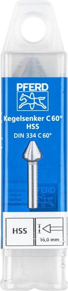 'PFERD Kegelsenker C 60° HSS, DIN 334 C 60°, 16,0 mm' auf einer Verpackung mit Abbildung eines Kegelsenkers.