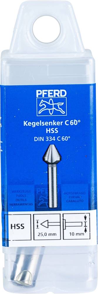Verpackung eines Kegelsenkers der Marke 'PFERD', 25 mm Durchmesser, für Metallbearbeitung, nach DIN 334 C 60°, HSS-Material.