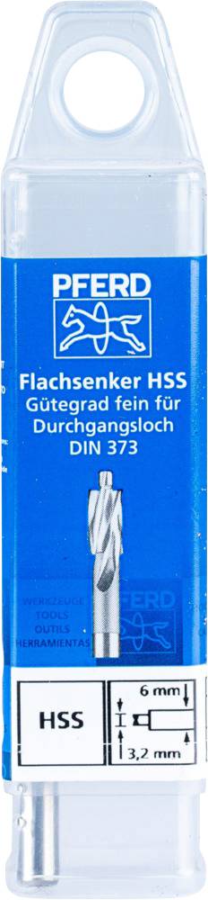 'Flachsenker HSS' Verpackung von PFERD, Gütegrad fein für Durchgangsloch, DIN 373, 6 mm Größe, 3,2 mm Bohrungsdurchmesser.