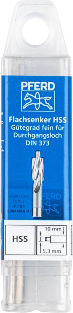 Verpackung eines Flachsenkers aus HSS-Stahl, Gütegrad fein, für Durchgangsloch nach DIN 373, dargestellt mit Bild des Werkzeugs.