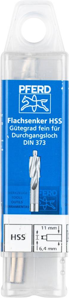 'Flachsenker HSS mit Gütegrad fein für Durchgangsloch, DIN 373, Durchmesser: 6,4 mm, Marke: PFERD.' Verpackung einer Werkzeugspitze.