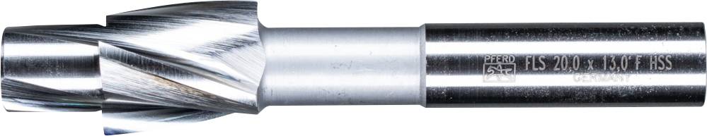 Fräser mit spiralförmigen Schneiden und zylindrischem Schaft. Aufschrift '25.0' und 'HSS Co8'. Werkzeug zur Metallbearbeitung.