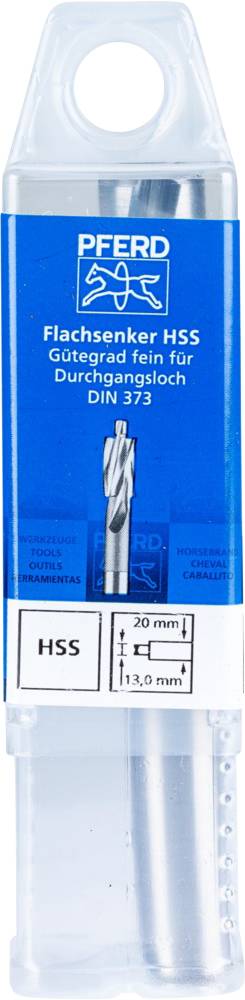 Verpackung eines Flachsenker-Werkzeugs von PFERD. Aufschrift: 'Flachsenker HSS', 'Gattegrad fein für Durchgangsloch', DIN 373, Maße: 20 mm, 13 mm.