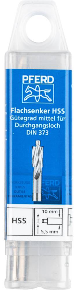 'Flachsenker HSS' Verpackung von PFERD für Durchgangsloch, DIN 373. Beinhaltet Werkzeuginformationen und Größenangaben (10 mm, 5,5 mm).