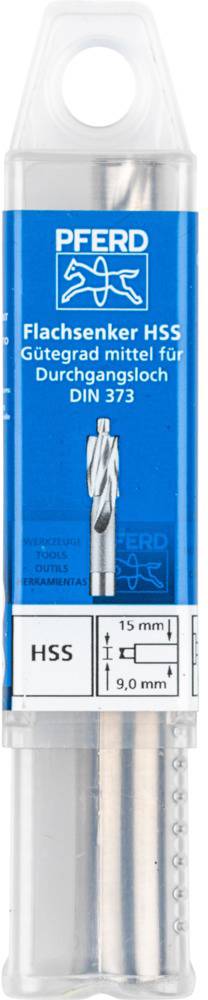 Verpackung eines Flachsenkers HSS von 'Pferd', geeignet für Durchgangslöcher. DIN 373, 15 mm Schneiddurchmesser und 9 mm Schaft.