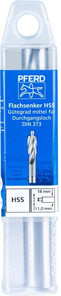 Verpackung mit einem HSS-Flachsenker von PFERD, geeignet für Durchgangslöcher nach DIN 373. Größe: 18 mm und Durchmesser: 11 mm.