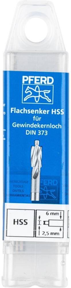 'Flachsenker HSS für Gewindekernloch DIN 373' auf blauem Etikett einer durchsichtigen Verpackung, Bohrer abgebildet, Größenangaben.