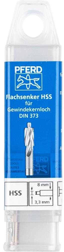 Verpackung eines Flachsenkers HSS von PFERD, geeignet für Gewindekernloch gemäß DIN 373. Durchmesserangabe: 8 mm, Bohrung: 3,3 mm.