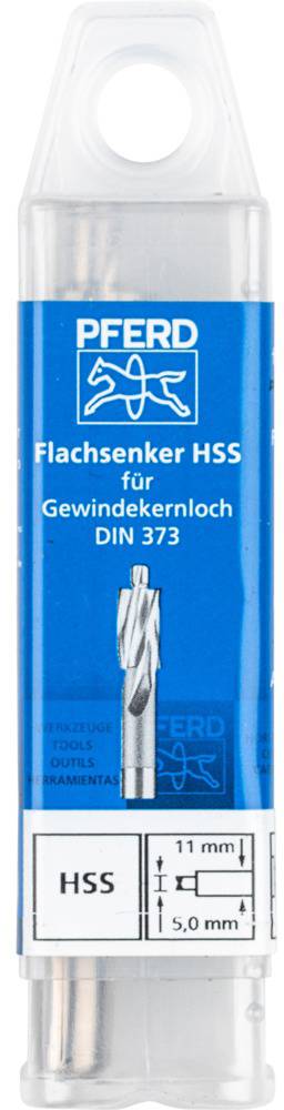 Bohrer-Verpackung mit Aufschrift 'PFERD Flachsenker HSS für Gewindekernloch DIN 373', technische Details: 11 mm, 5,0 mm.