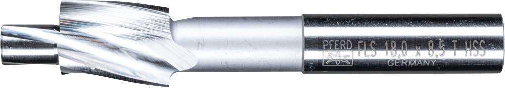 Metallischer Fräser mit spiralförmigen Klingen und Beschriftung 'Pferd FLS 10,0 x 9,5 T HSS Germany' auf dem zylindrischen Schaft.