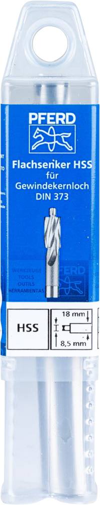 Verpackung eines Flachsenkers mit der Aufschrift 'Flachsenker HSS für Gewindekernloch DIN 373'. Zeigt Werkzeugdurchmesser 18 mm.